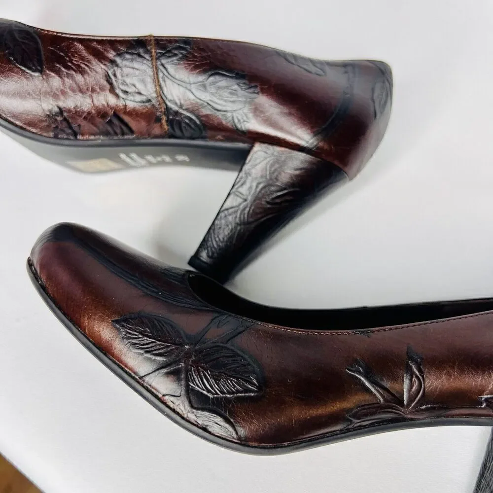 Cuoieria Fiorentina Italy Tuscan Sz 8.5 Heels Chocolate Brown Leather Floral